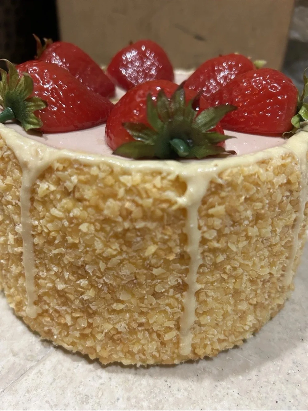 Faux strawberrye-topped dessert cake